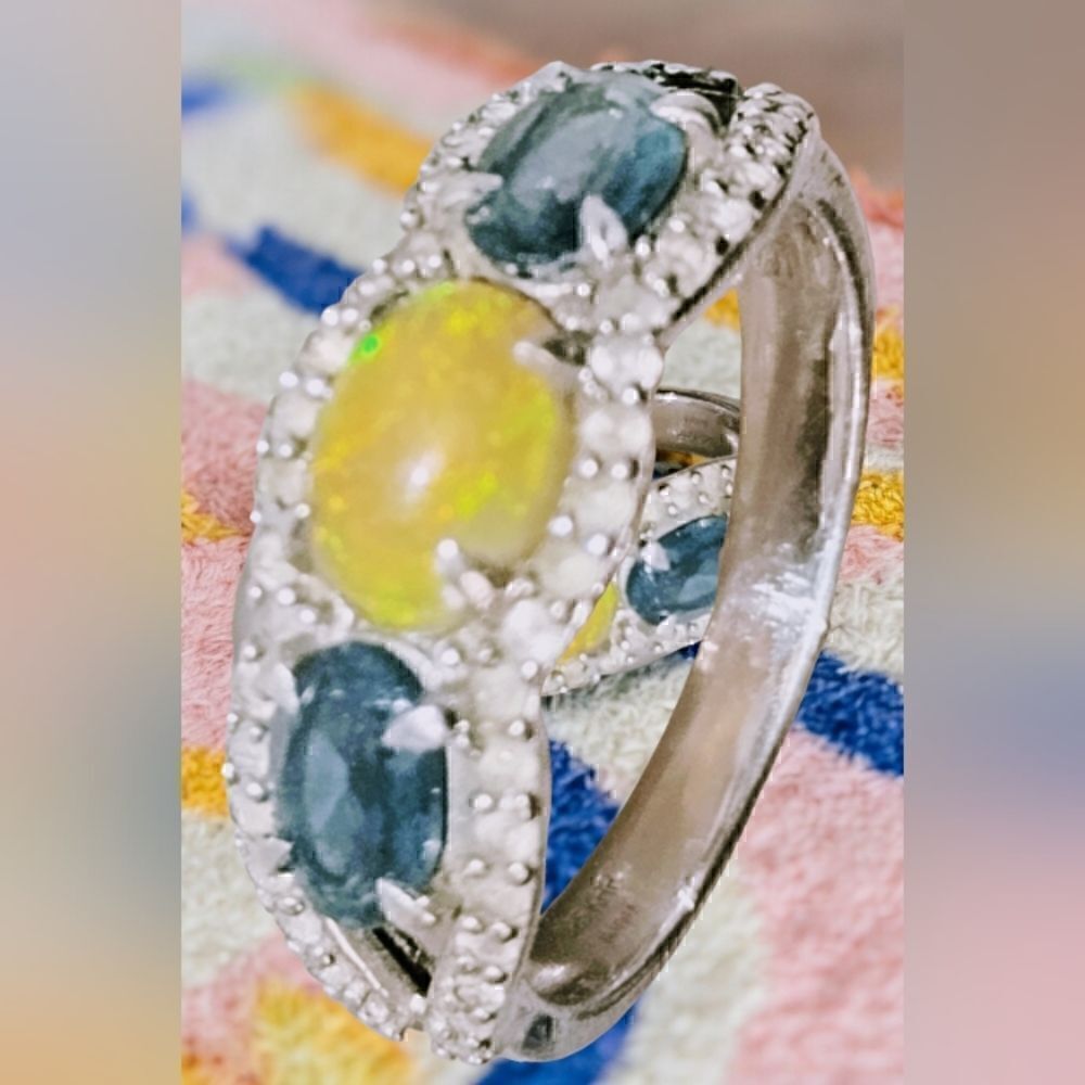 ETHIOPIAN FIRE OPAL & LONDON BLUE TOPAZ with WHITE ZIRCON Stunning FIRE SIZE 7